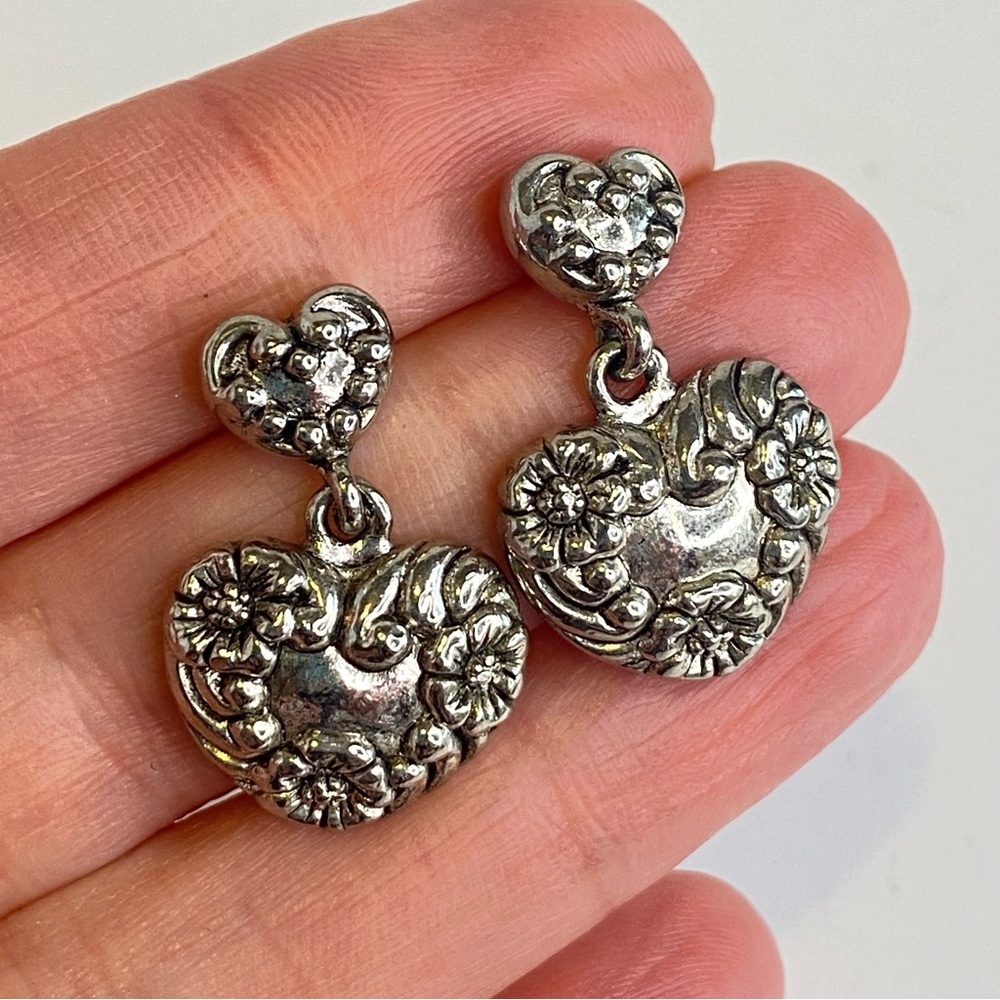 Vintage Heart Earrings Floral Dangle Silver Tone Post Pierced Ornate 1"